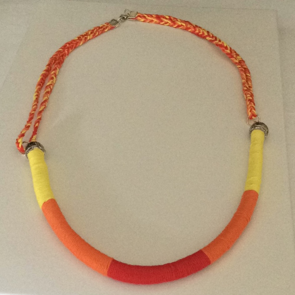 Handmade Necklace w/ yarn in red, orange & yellow